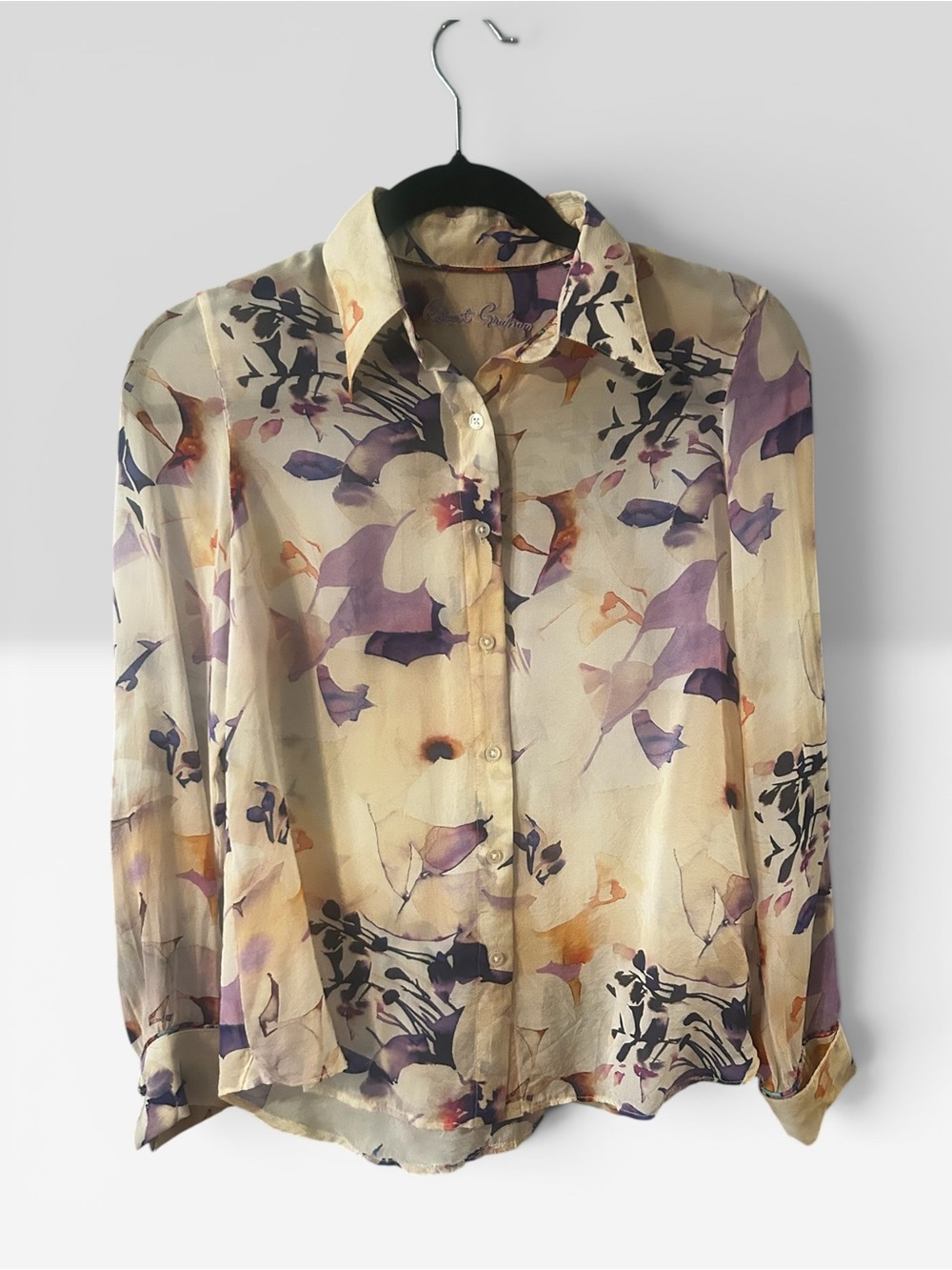 Robert Graham Gabriela Silk Blend Watercolor Floral Blouse Top XS Purple Cream